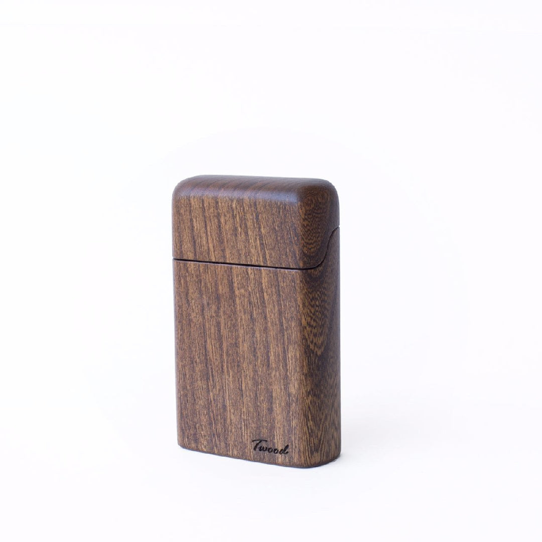 Handcrafted wooden cigarette" holder box with a sleek and classic design, perfect for storing and carrying cigarettes in style and safety"