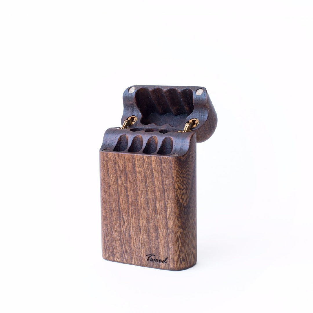 Handcrafted wooden cigarette" holder box with a sleek and classic design, perfect for storing and carrying cigarettes in style and safety"