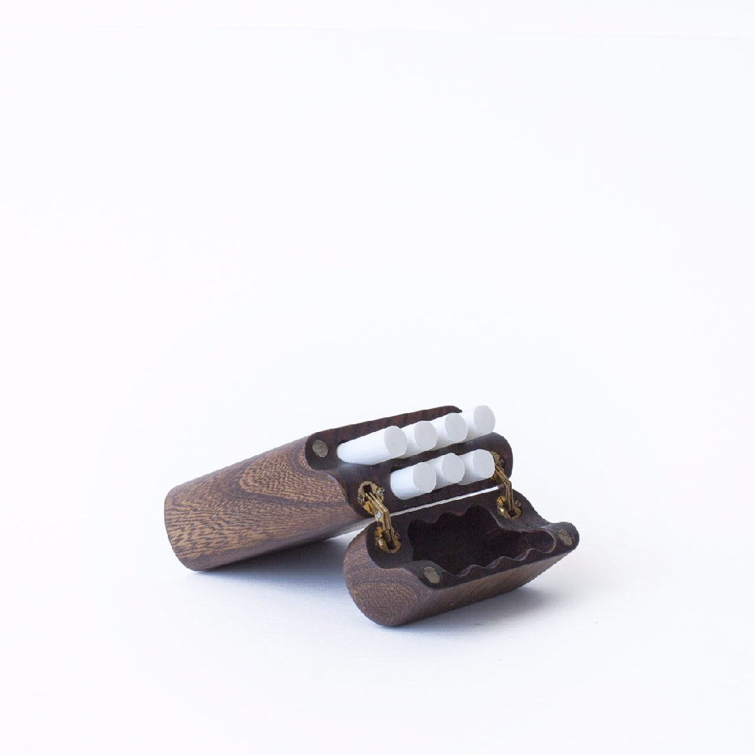 Handcrafted wooden cigarette" holder box with a sleek and classic design, perfect for storing and carrying cigarettes in style and safety"