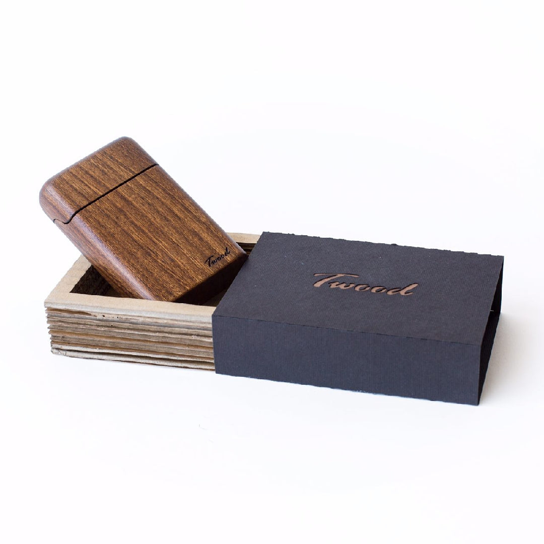 Handcrafted wooden cigarette" holder box with a sleek and classic design, perfect for storing and carrying cigarettes in style and safety"