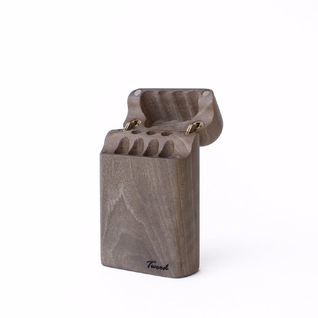 Handcrafted wooden cigarette" holder box with a sleek and classic design, perfect for storing and carrying cigarettes in style and safety"