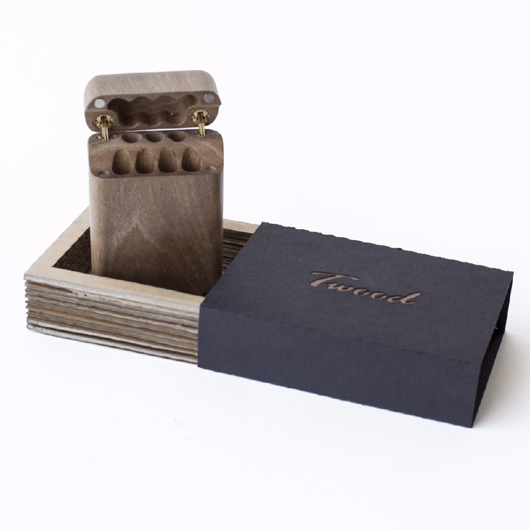 Handcrafted wooden cigarette" holder box with a sleek and classic design, perfect for storing and carrying cigarettes in style and safety"