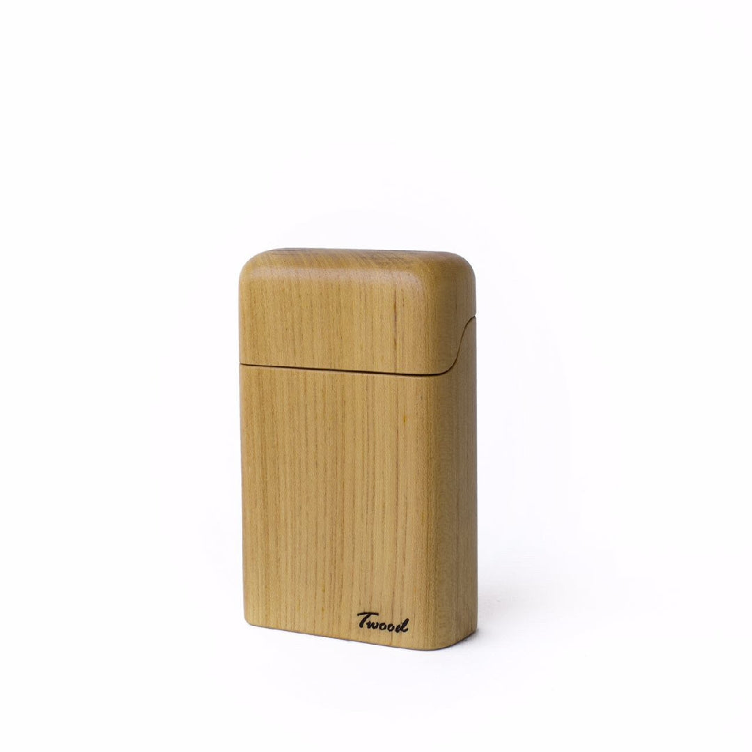 Handcrafted wooden cigarette" holder box with a sleek and classic design, perfect for storing and carrying cigarettes in style and safety"