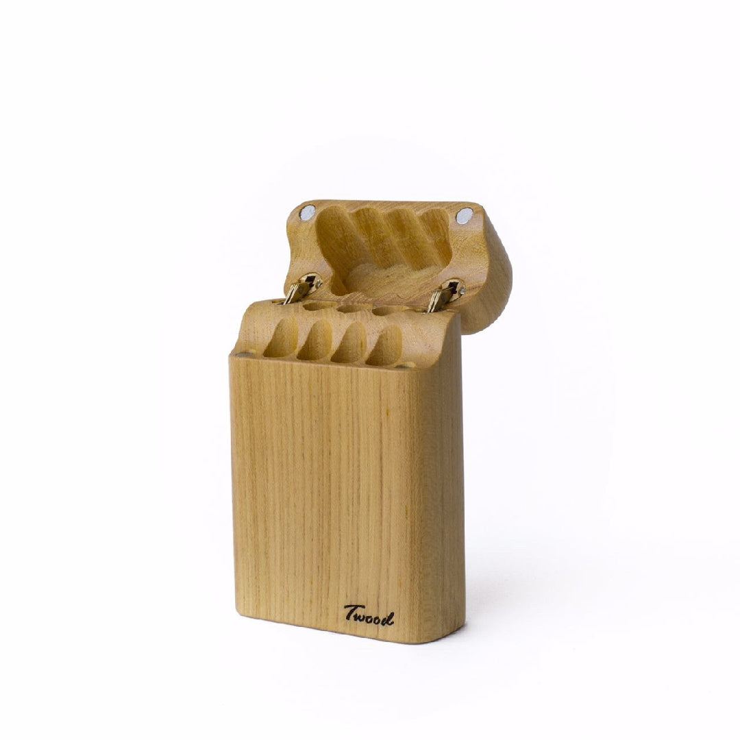 Handcrafted wooden cigarette" holder box with a sleek and classic design, perfect for storing and carrying cigarettes in style and safety"