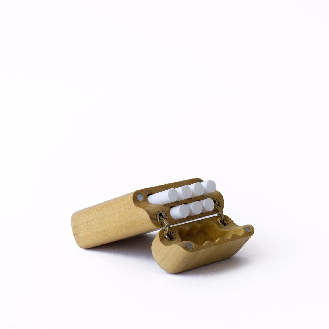 Handcrafted wooden cigarette" holder box with a sleek and classic design, perfect for storing and carrying cigarettes in style and safety"