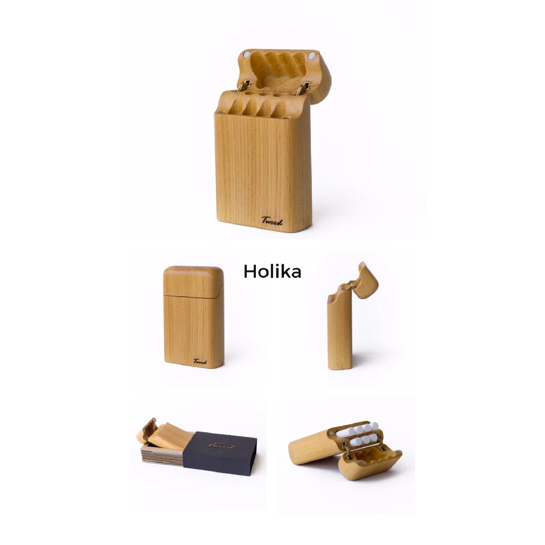Handcrafted wooden cigarette" holder box with a sleek and classic design, perfect for storing and carrying cigarettes in style and safety"