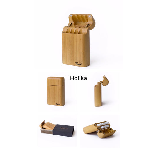 Handcrafted wooden cigarette" holder box with a sleek and classic design, perfect for storing and carrying cigarettes in style and safety"